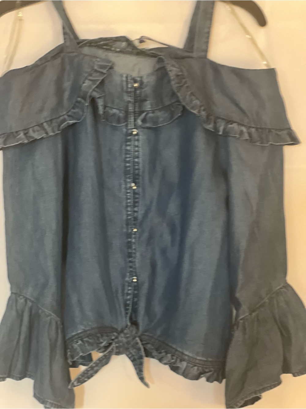 Habitual Denim Button-Front Ruffle Top - Light Blue